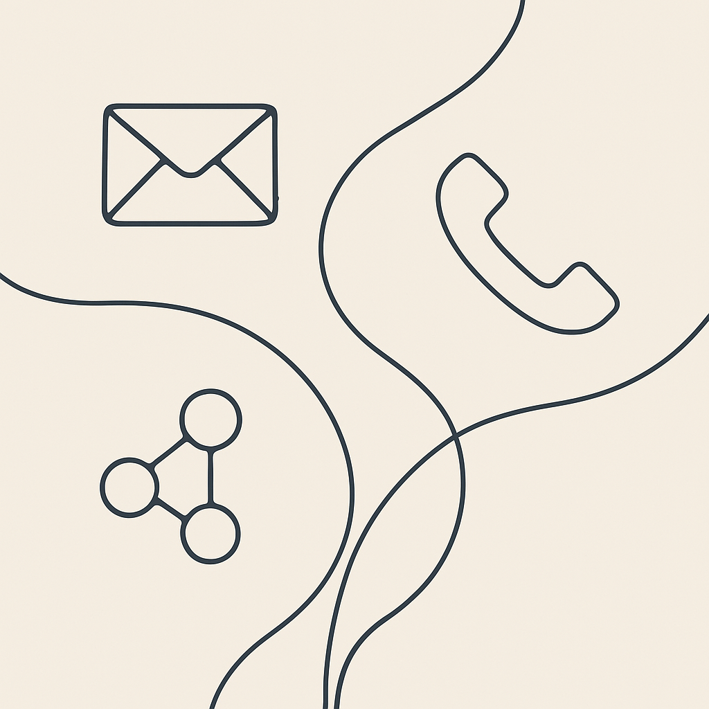Contact icons: email, phone, network
